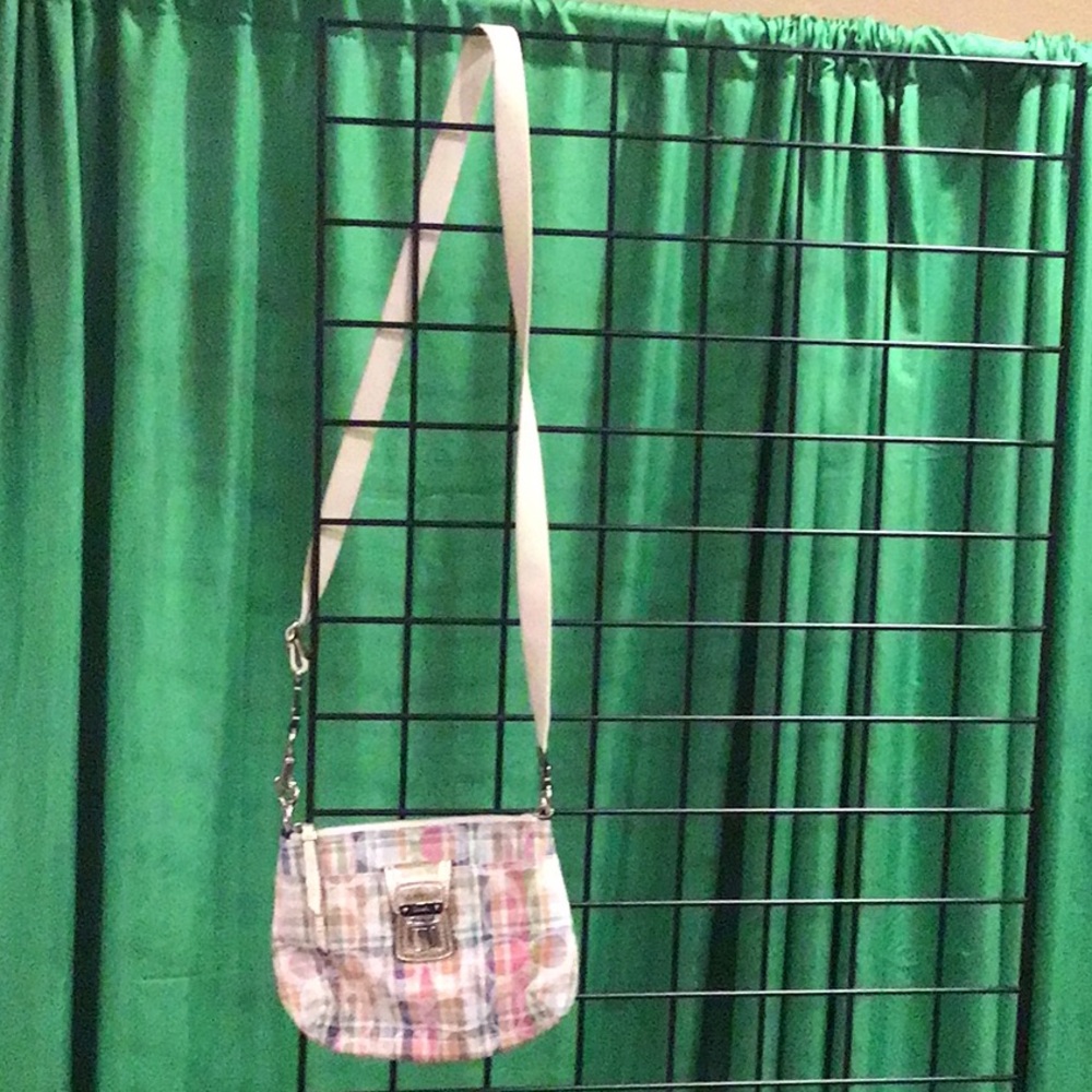 Pink and White Quilted vintage coach Crossbody Bag with Flap Closure